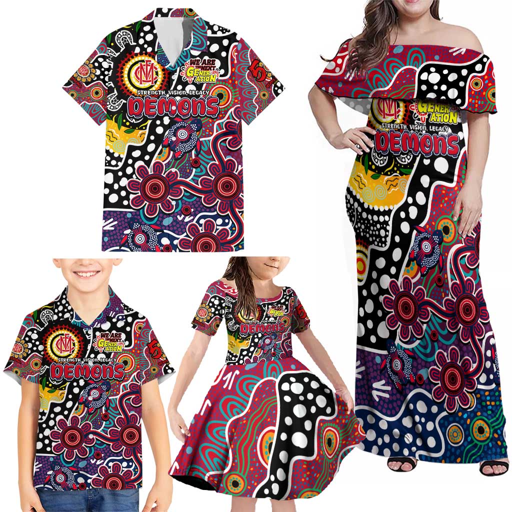 Personalised Demons AFL Celebrating 50 Years of Naidoc Family Matching Off Shoulder Maxi Dress and Hawaiian Shirt NAIDOC Week 2025 Aboriginal