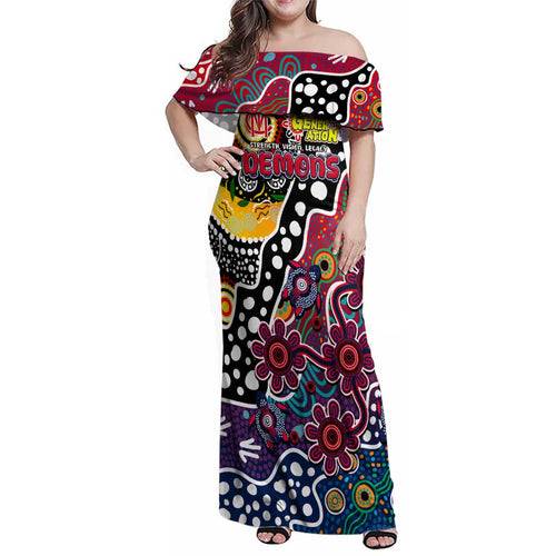 Personalised Demons AFL Celebrating 50 Years of Naidoc Family Matching Off Shoulder Maxi Dress and Hawaiian Shirt NAIDOC Week 2025 Aboriginal