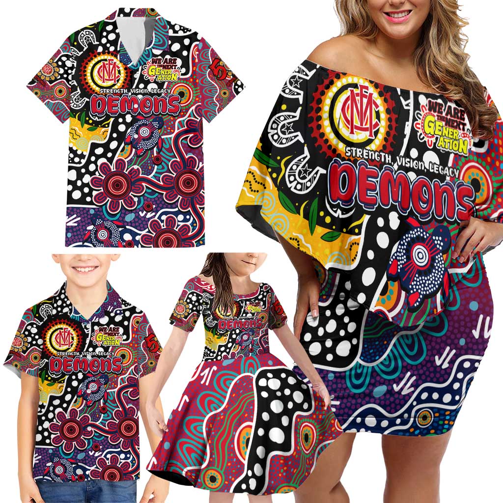 Personalised Demons AFL Celebrating 50 Years of Naidoc Family Matching Off Shoulder Short Dress and Hawaiian Shirt NAIDOC Week 2025 Aboriginal