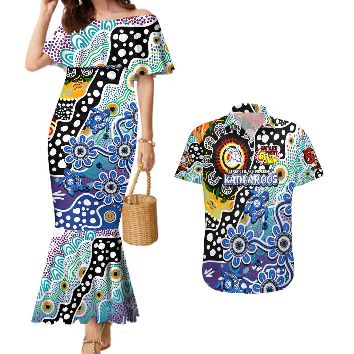 Personalised Kangaroos AFL Celebrating 50 Years of Naidoc Couples Matching Mermaid Dress and Hawaiian Shirt NAIDOC Week 2025 Aboriginal