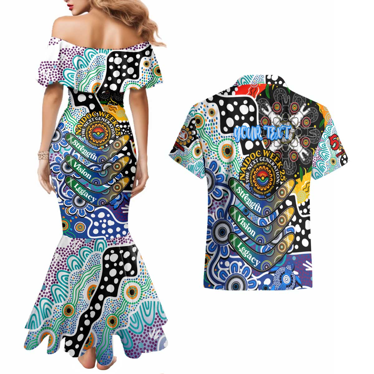 Personalised Kangaroos AFL Celebrating 50 Years of Naidoc Couples Matching Mermaid Dress and Hawaiian Shirt NAIDOC Week 2025 Aboriginal