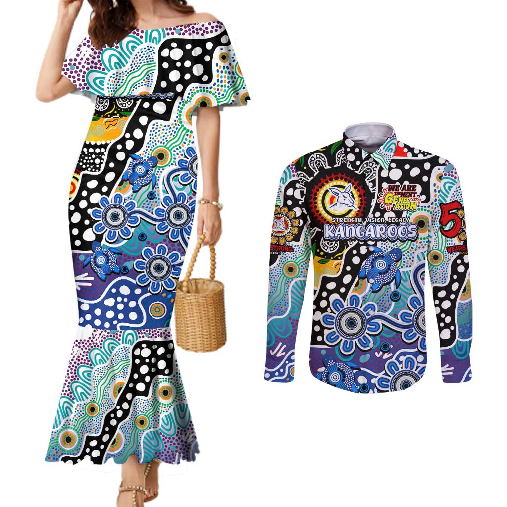 Personalised Kangaroos AFL Celebrating 50 Years of Naidoc Couples Matching Mermaid Dress and Long Sleeve Button Shirt NAIDOC Week 2025 Aboriginal
