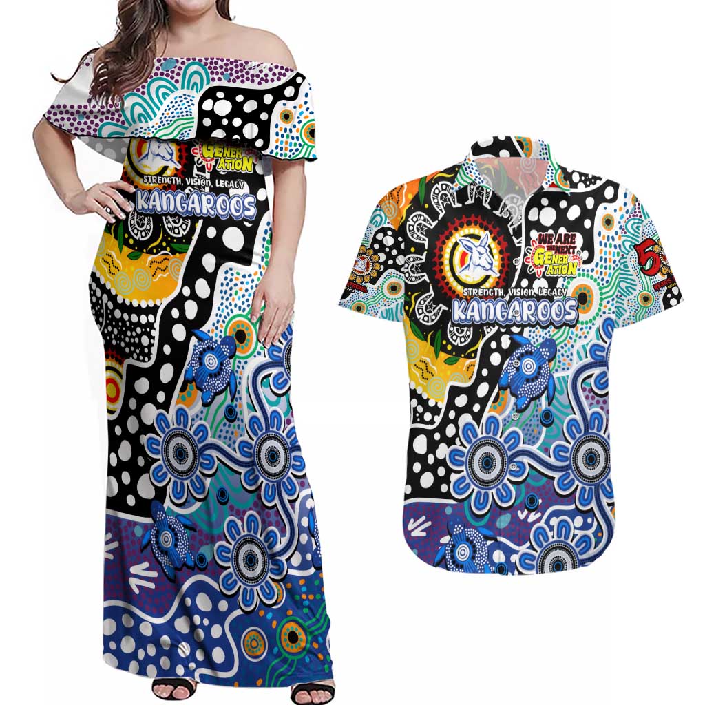 Personalised Kangaroos AFL Celebrating 50 Years of Naidoc Couples Matching Off Shoulder Maxi Dress and Hawaiian Shirt NAIDOC Week 2025 Aboriginal