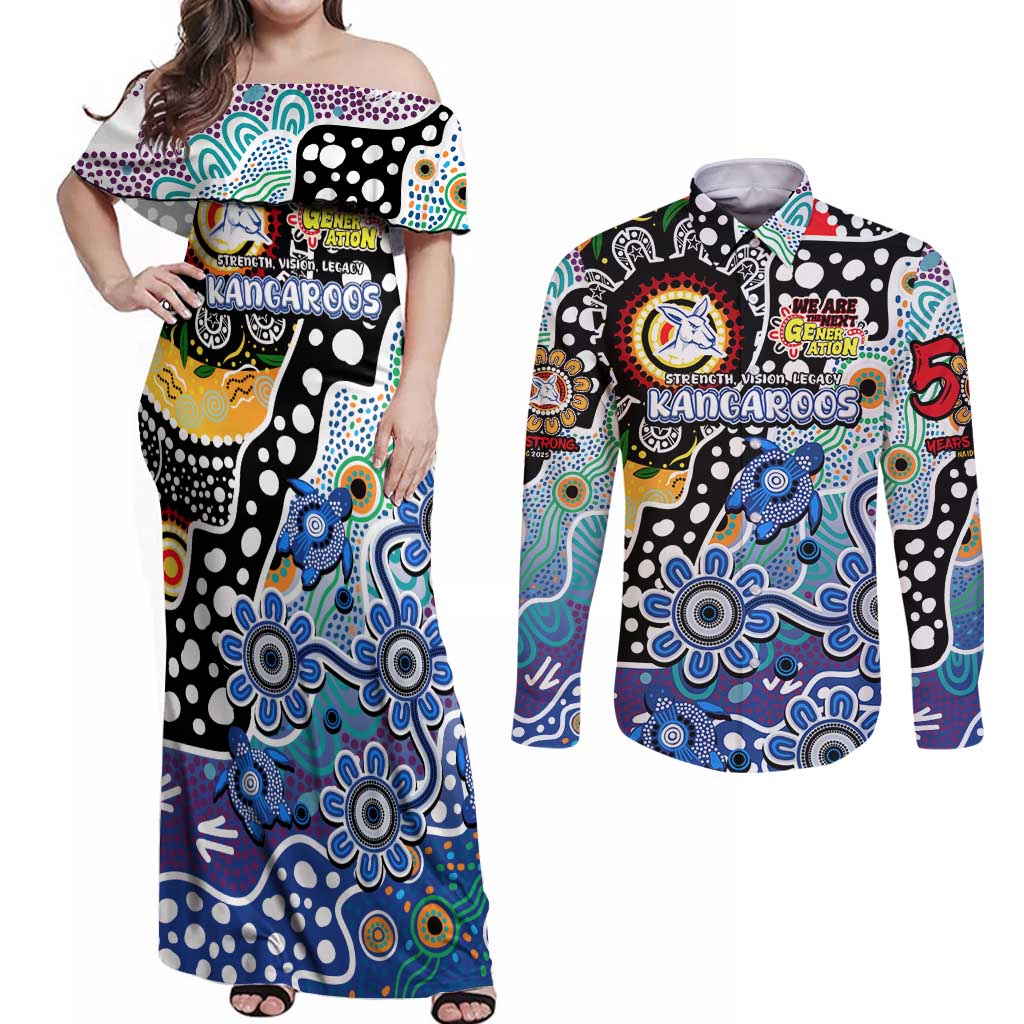 Personalised Kangaroos AFL Celebrating 50 Years of Naidoc Couples Matching Off Shoulder Maxi Dress and Long Sleeve Button Shirt NAIDOC Week 2025 Aboriginal