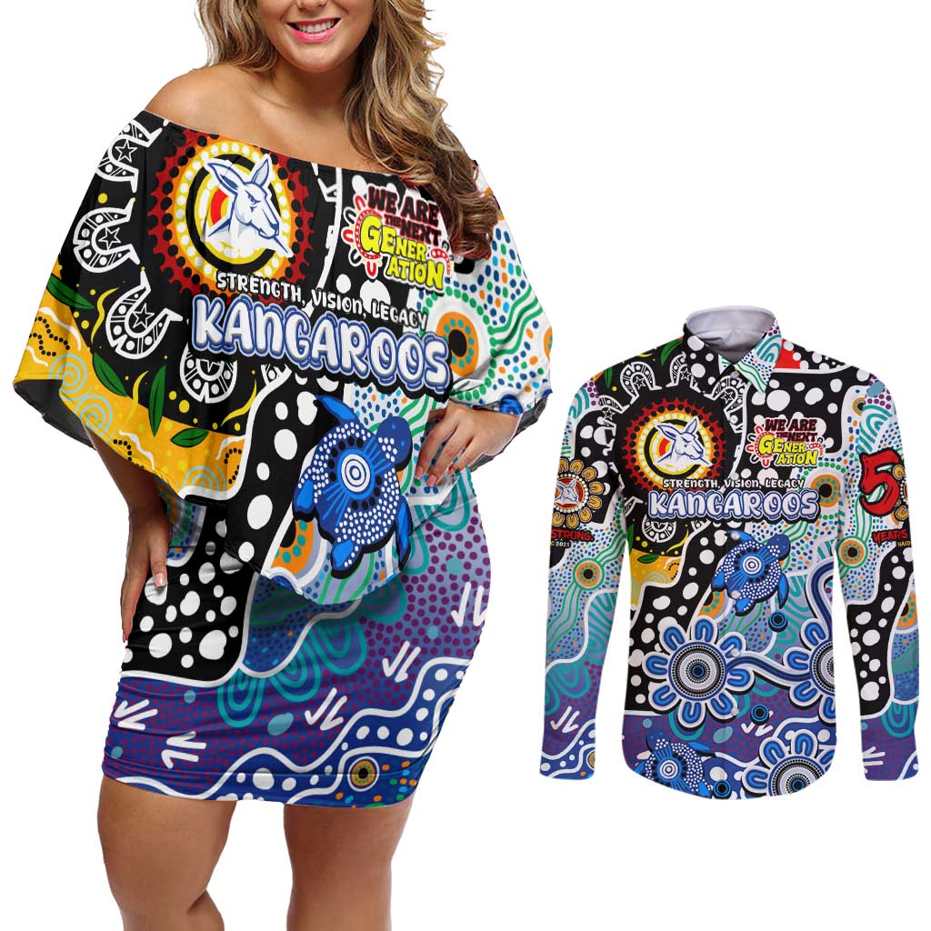 Personalised Kangaroos AFL Celebrating 50 Years of Naidoc Couples Matching Off Shoulder Short Dress and Long Sleeve Button Shirt NAIDOC Week 2025 Aboriginal