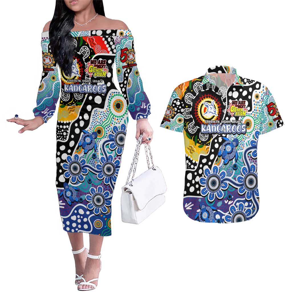 Personalised Kangaroos AFL Celebrating 50 Years of Naidoc Couples Matching Off The Shoulder Long Sleeve Dress and Hawaiian Shirt NAIDOC Week 2025 Aboriginal