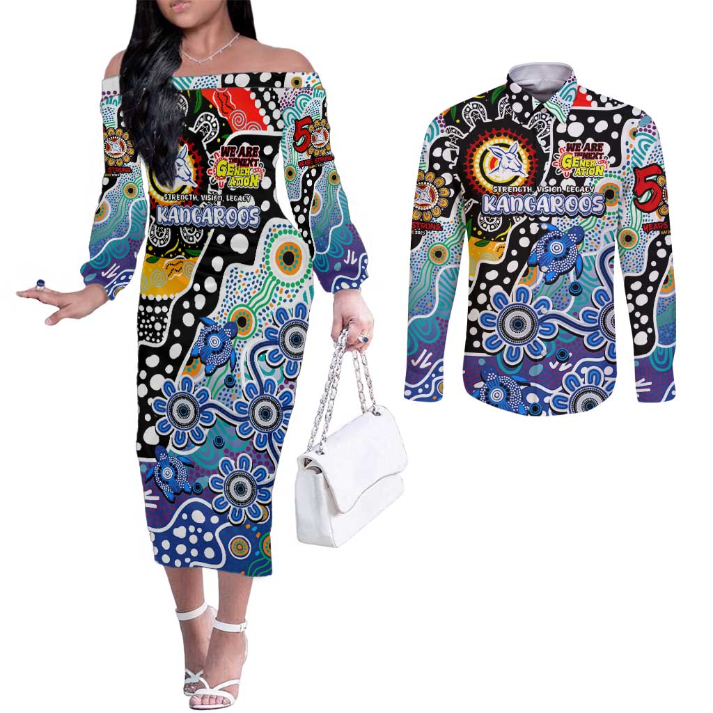 Personalised Kangaroos AFL Celebrating 50 Years of Naidoc Couples Matching Off The Shoulder Long Sleeve Dress and Long Sleeve Button Shirt NAIDOC Week 2025 Aboriginal