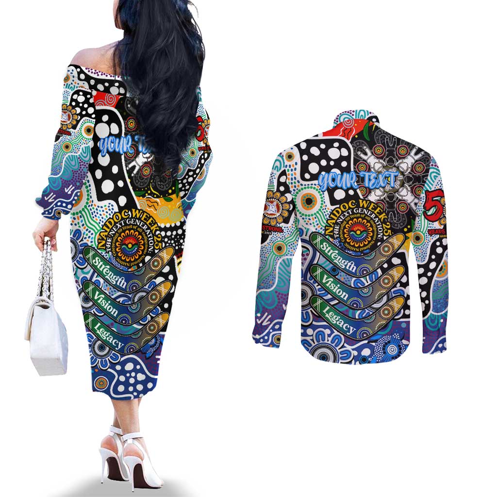 Personalised Kangaroos AFL Celebrating 50 Years of Naidoc Couples Matching Off The Shoulder Long Sleeve Dress and Long Sleeve Button Shirt NAIDOC Week 2025 Aboriginal