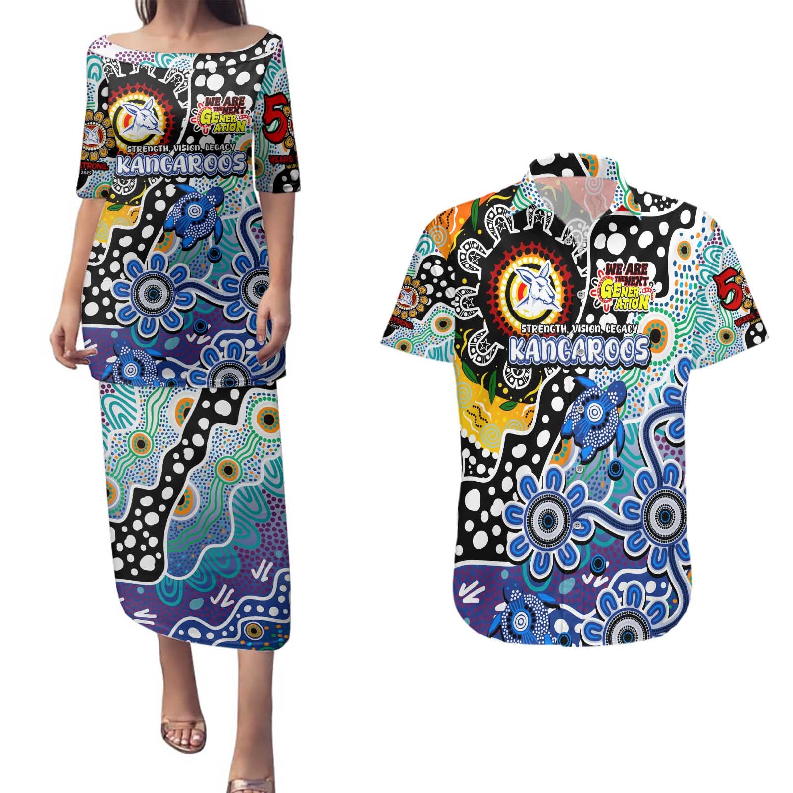 Personalised Kangaroos AFL Celebrating 50 Years of Naidoc Couples Matching Puletasi and Hawaiian Shirt NAIDOC Week 2025 Aboriginal