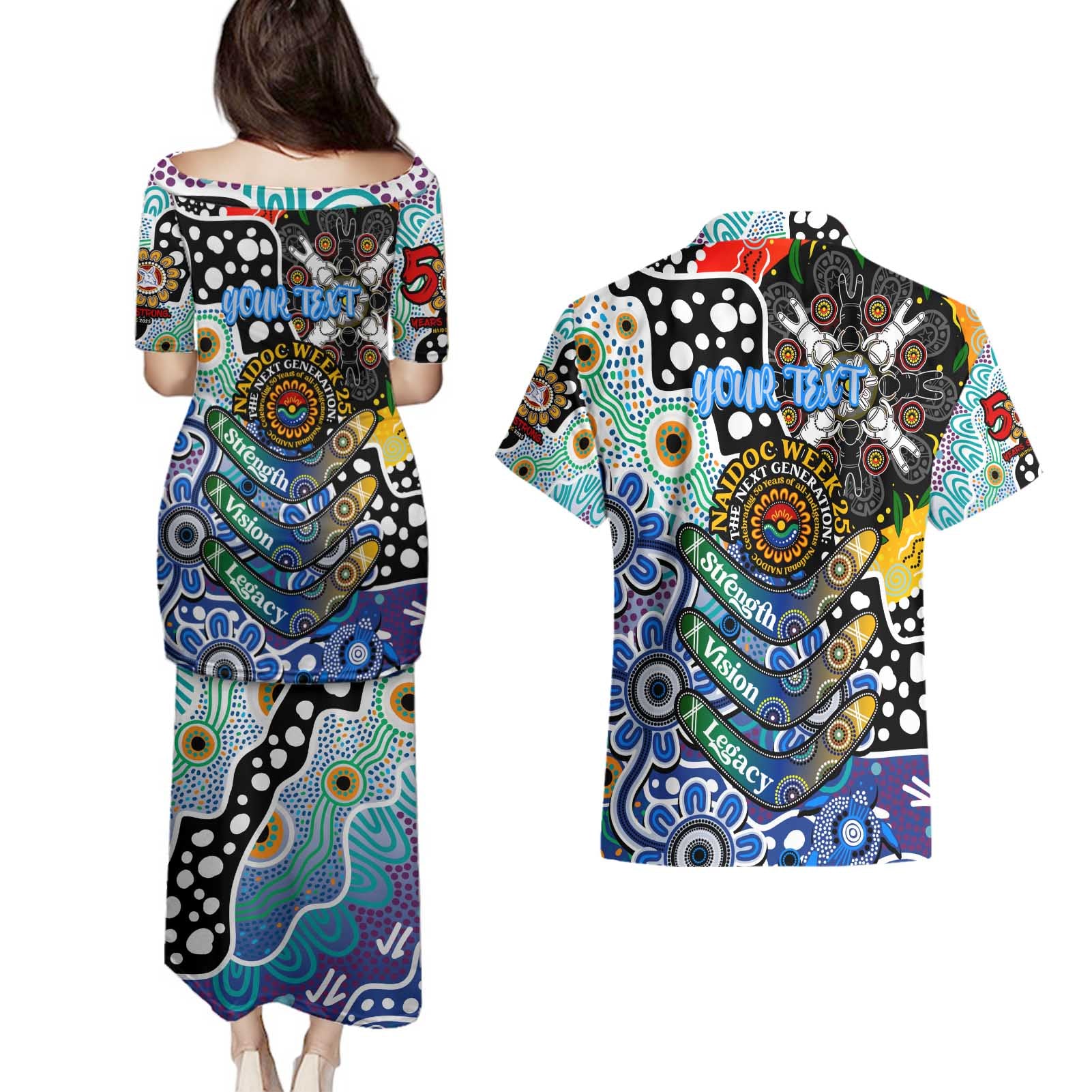 Personalised Kangaroos AFL Celebrating 50 Years of Naidoc Couples Matching Puletasi and Hawaiian Shirt NAIDOC Week 2025 Aboriginal