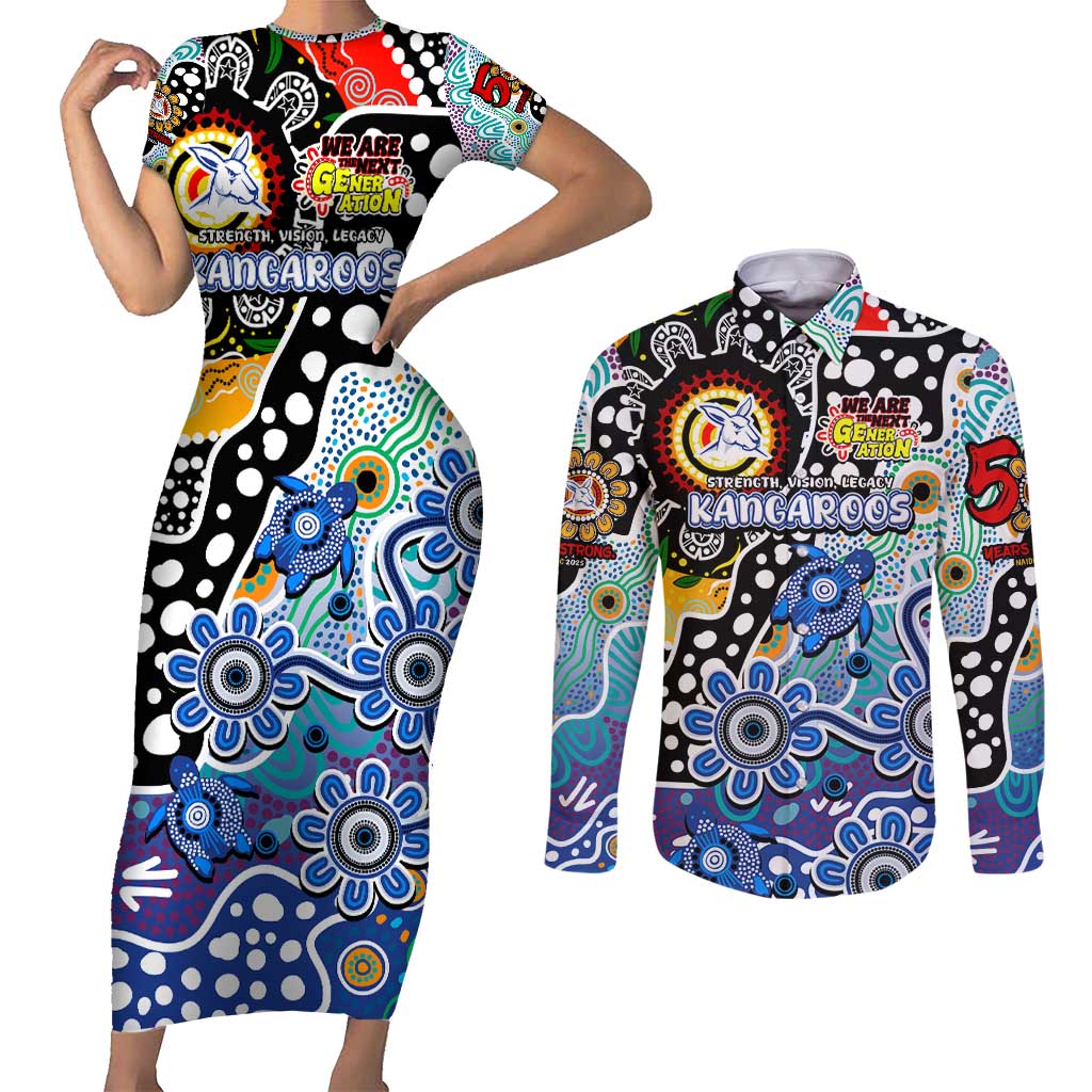 Personalised Kangaroos AFL Celebrating 50 Years of Naidoc Couples Matching Short Sleeve Bodycon Dress and Long Sleeve Button Shirt NAIDOC Week 2025 Aboriginal