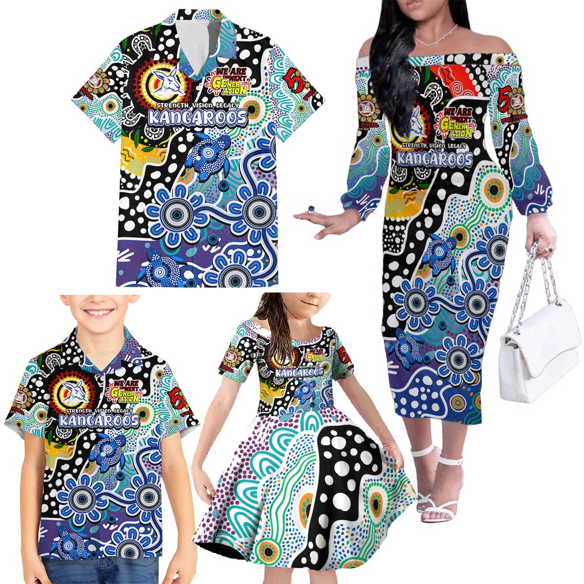 Personalised Kangaroos AFL Celebrating 50 Years of Naidoc Family Matching Off The Shoulder Long Sleeve Dress and Hawaiian Shirt NAIDOC Week 2025 Aboriginal