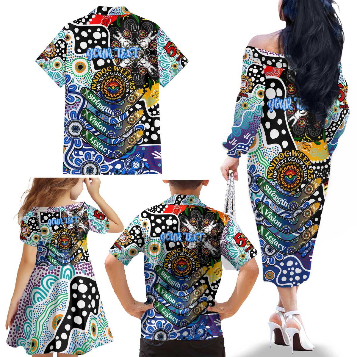 Personalised Kangaroos AFL Celebrating 50 Years of Naidoc Family Matching Off The Shoulder Long Sleeve Dress and Hawaiian Shirt NAIDOC Week 2025 Aboriginal