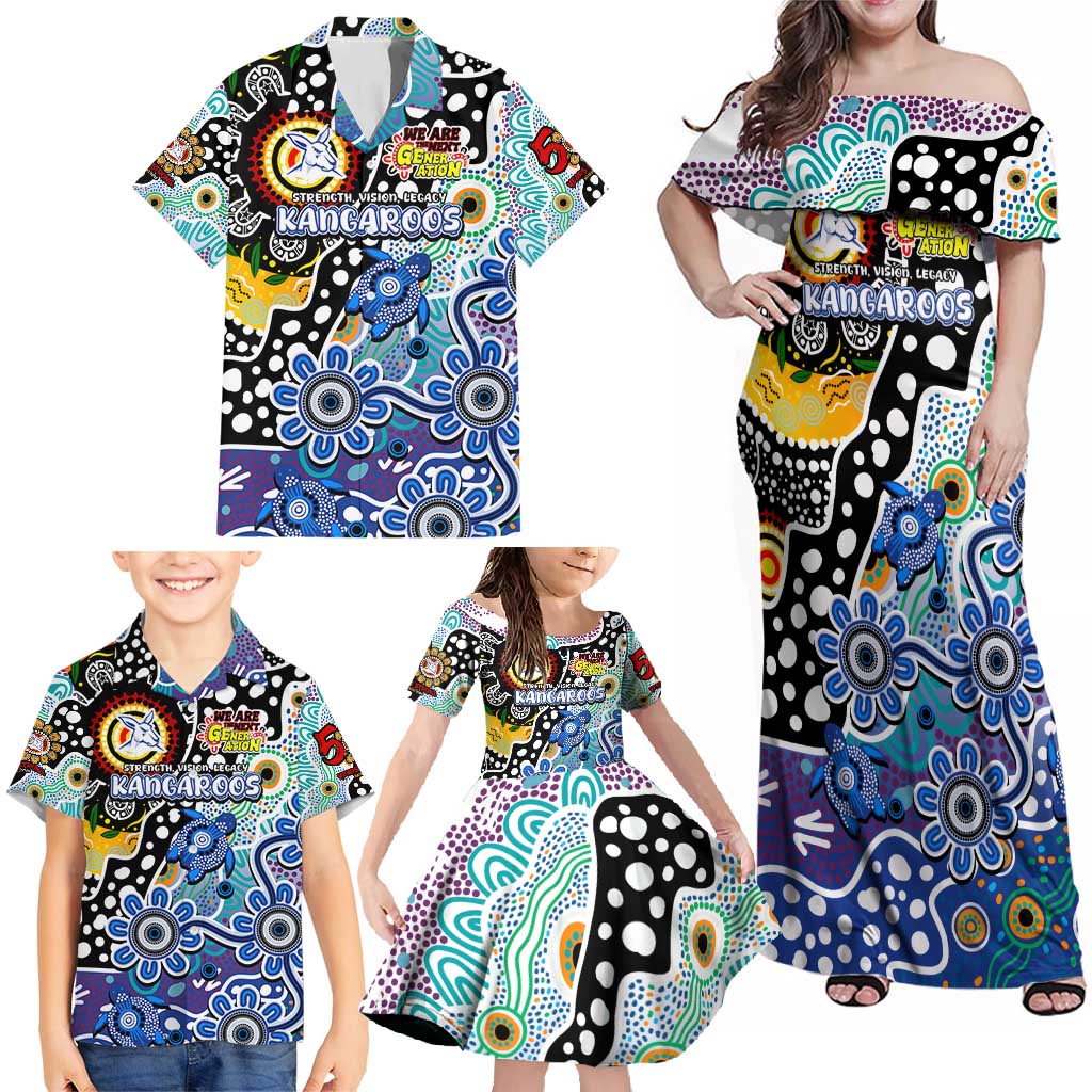 Personalised Kangaroos AFL Celebrating 50 Years of Naidoc Family Matching Off Shoulder Maxi Dress and Hawaiian Shirt NAIDOC Week 2025 Aboriginal
