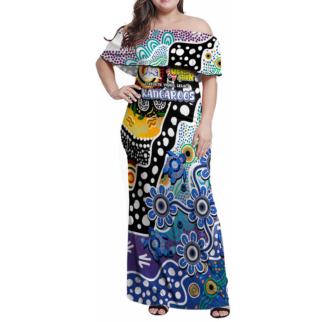 Personalised Kangaroos AFL Celebrating 50 Years of Naidoc Family Matching Off Shoulder Maxi Dress and Hawaiian Shirt NAIDOC Week 2025 Aboriginal