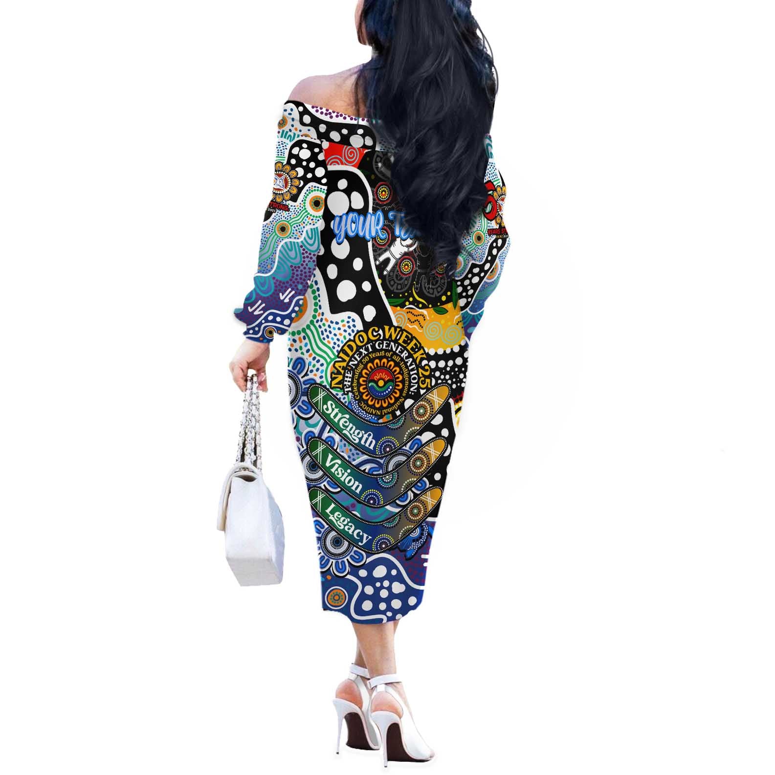 Personalised Kangaroos AFL Celebrating 50 Years of Naidoc Off The Shoulder Long Sleeve Dress NAIDOC Week 2025 Aboriginal