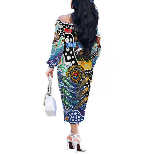 Personalised Kangaroos AFL Celebrating 50 Years of Naidoc Off The Shoulder Long Sleeve Dress NAIDOC Week 2025 Aboriginal