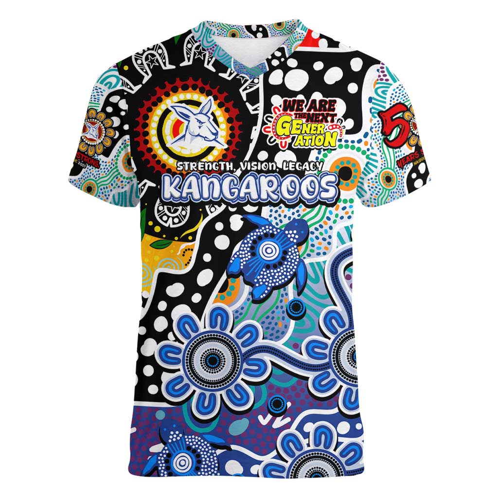 Personalised Kangaroos AFL Celebrating 50 Years of Naidoc Women V-Neck T-Shirt NAIDOC Week 2025 Aboriginal