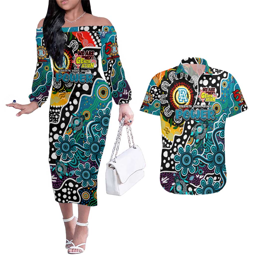 Personalised Power AFL Celebrating 50 Years of Naidoc Couples Matching Off The Shoulder Long Sleeve Dress and Hawaiian Shirt NAIDOC Week 2025 Aboriginal