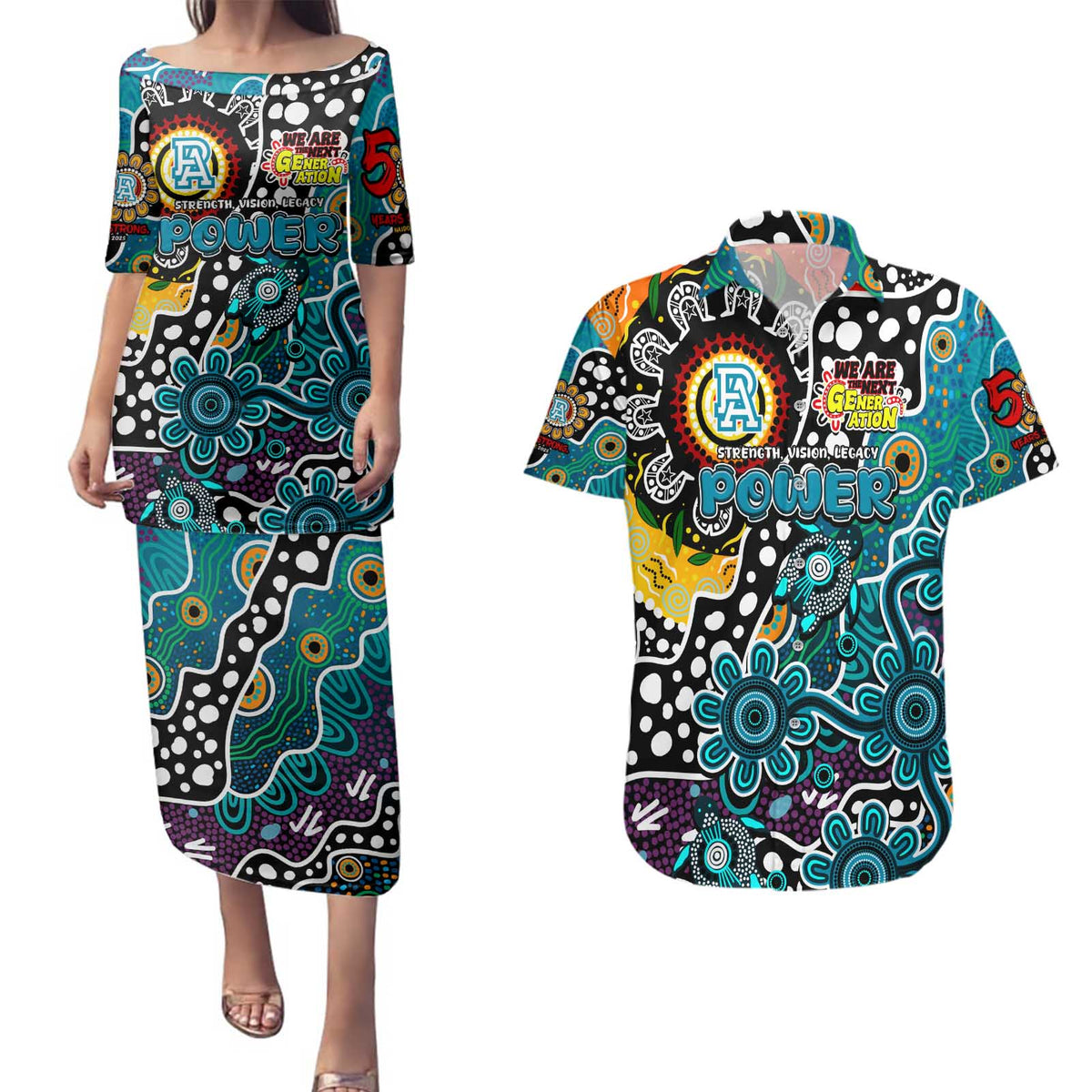 Personalised Power AFL Celebrating 50 Years of Naidoc Couples Matching Puletasi and Hawaiian Shirt NAIDOC Week 2025 Aboriginal