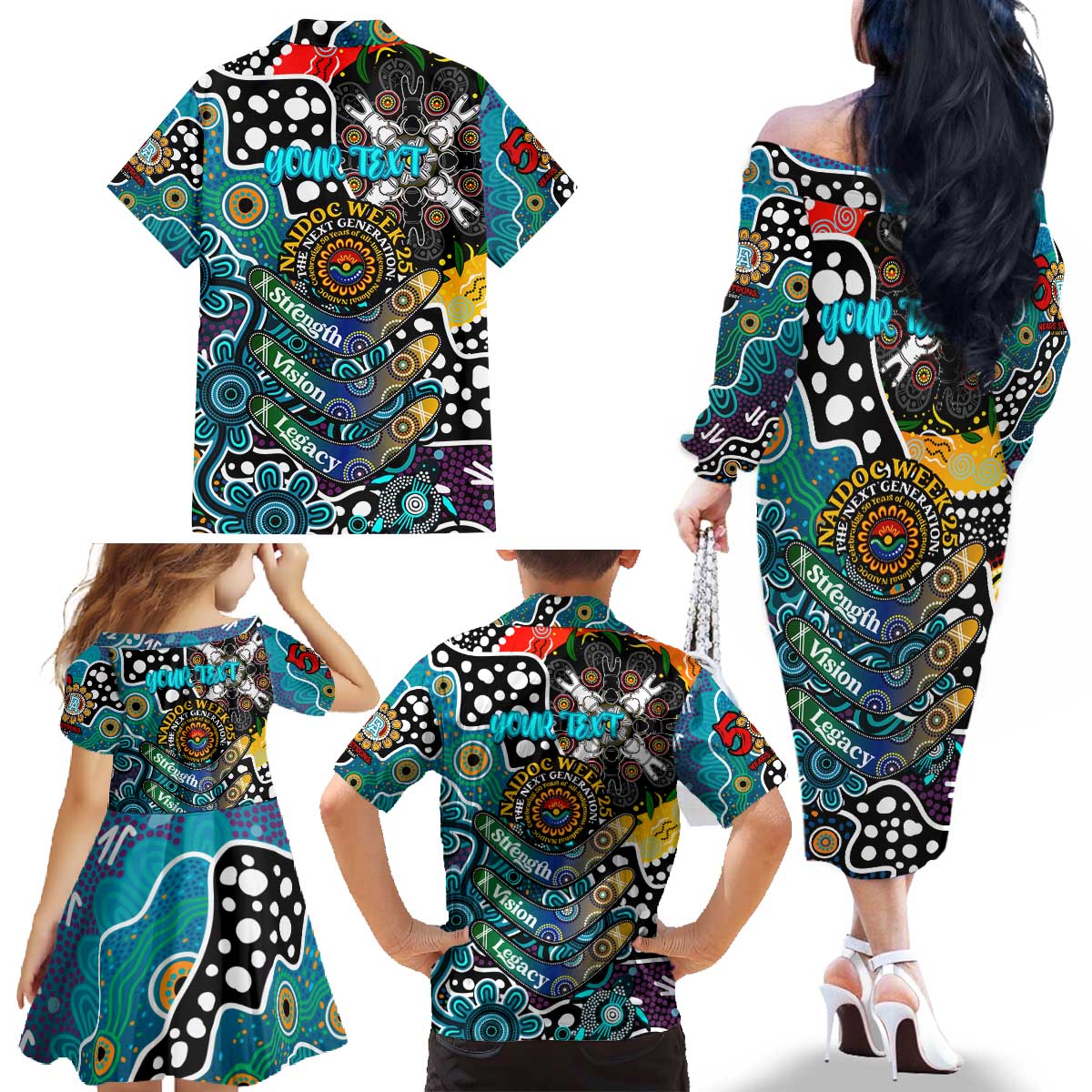Personalised Power AFL Celebrating 50 Years of Naidoc Family Matching Off The Shoulder Long Sleeve Dress and Hawaiian Shirt NAIDOC Week 2025 Aboriginal