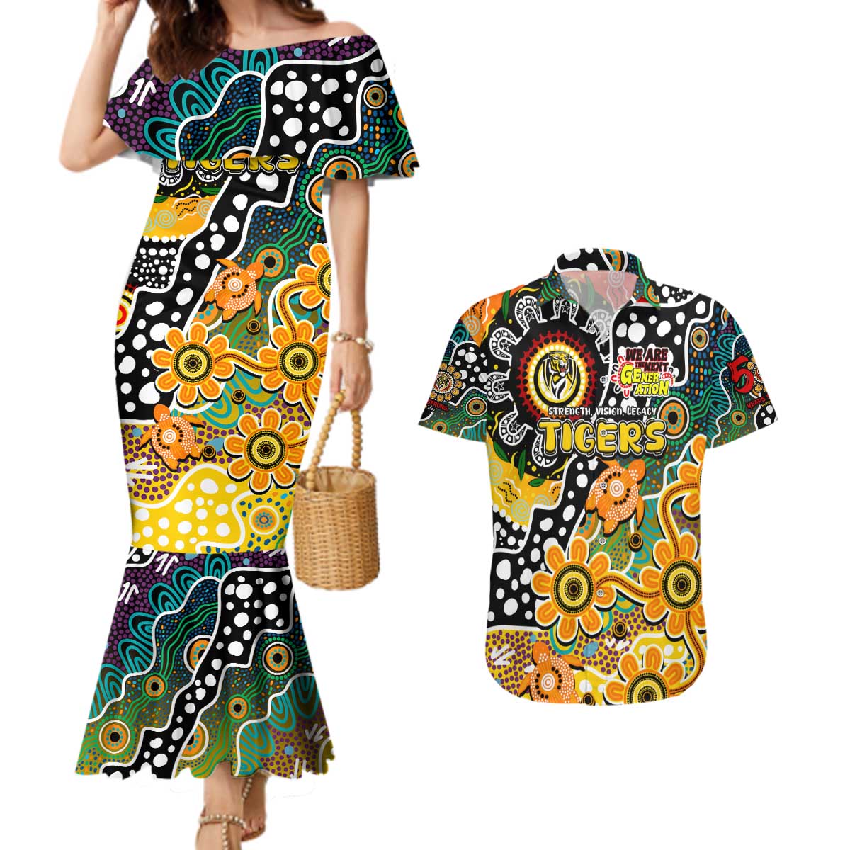 Personalised Tigers AFL Celebrating 50 Years of Naidoc Couples Matching Mermaid Dress and Hawaiian Shirt NAIDOC Week 2025 Aboriginal