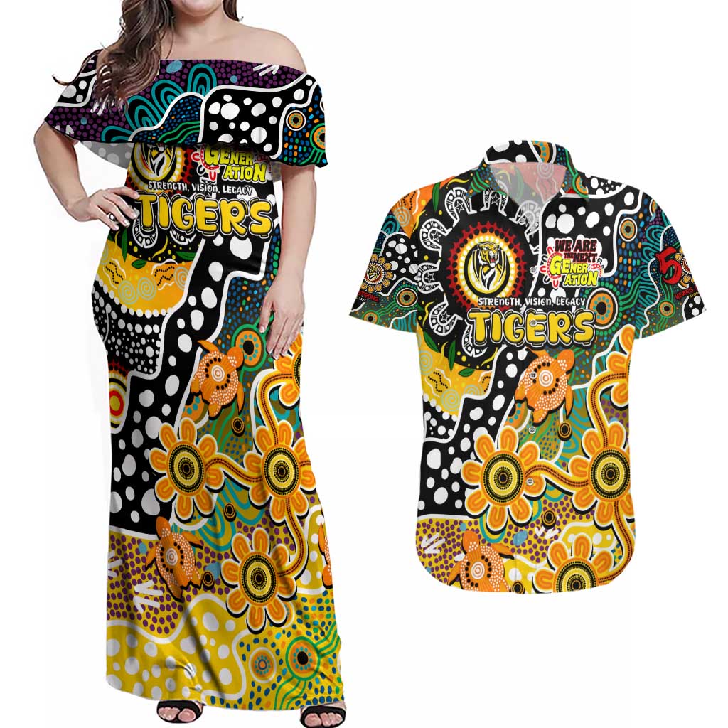 Personalised Tigers AFL Celebrating 50 Years of Naidoc Couples Matching Off Shoulder Maxi Dress and Hawaiian Shirt NAIDOC Week 2025 Aboriginal