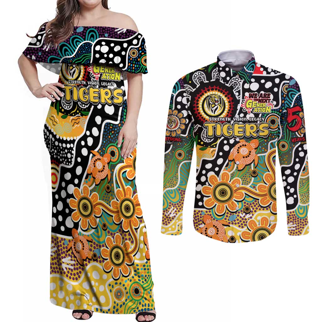 Personalised Tigers AFL Celebrating 50 Years of Naidoc Couples Matching Off Shoulder Maxi Dress and Long Sleeve Button Shirt NAIDOC Week 2025 Aboriginal