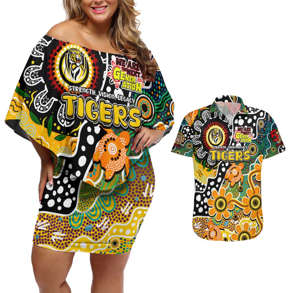 Personalised Tigers AFL Celebrating 50 Years of Naidoc Couples Matching Off Shoulder Short Dress and Hawaiian Shirt NAIDOC Week 2025 Aboriginal
