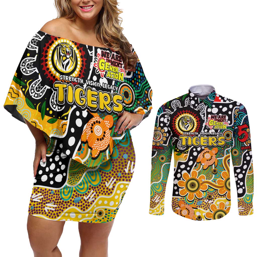 Personalised Tigers AFL Celebrating 50 Years of Naidoc Couples Matching Off Shoulder Short Dress and Long Sleeve Button Shirt NAIDOC Week 2025 Aboriginal