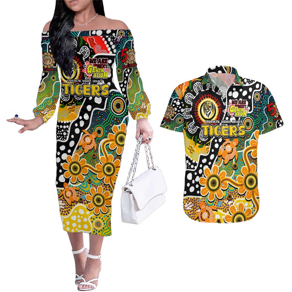Personalised Tigers AFL Celebrating 50 Years of Naidoc Couples Matching Off The Shoulder Long Sleeve Dress and Hawaiian Shirt NAIDOC Week 2025 Aboriginal