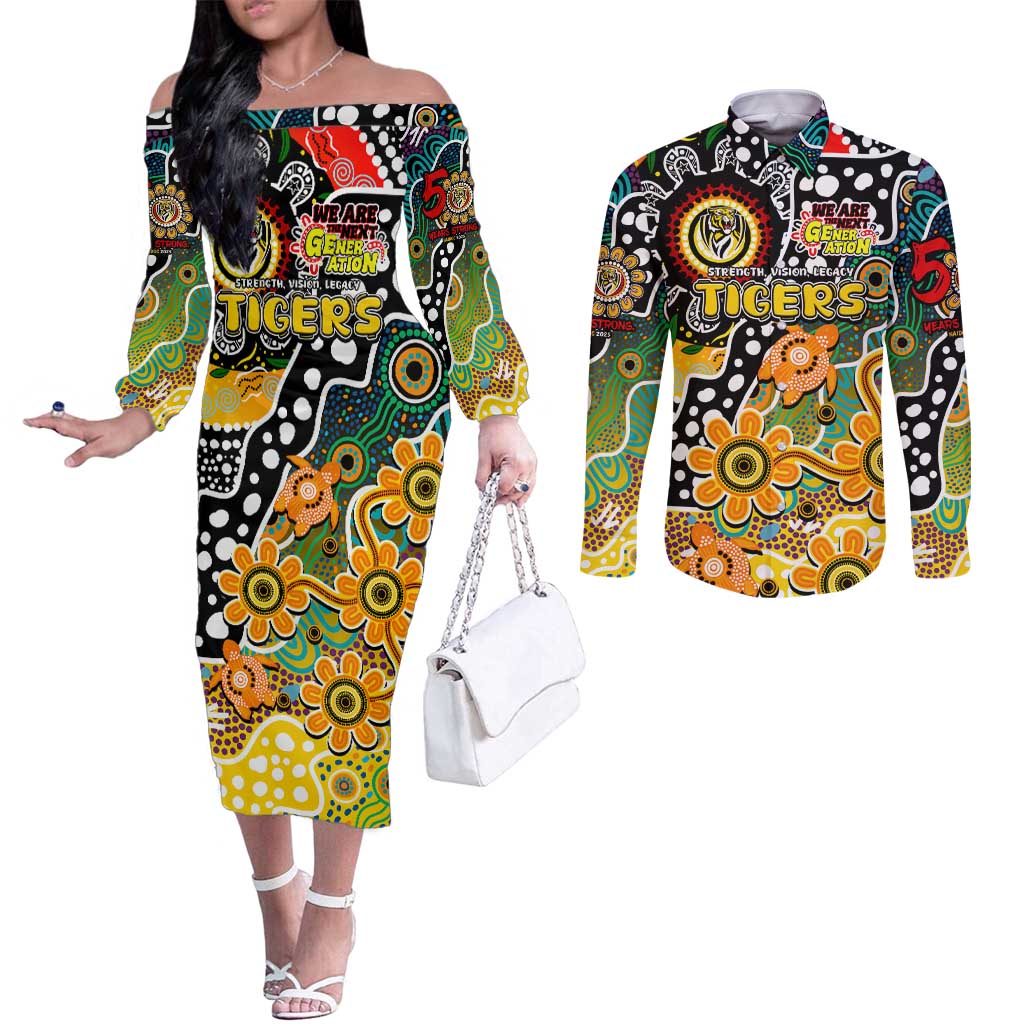 Personalised Tigers AFL Celebrating 50 Years of Naidoc Couples Matching Off The Shoulder Long Sleeve Dress and Long Sleeve Button Shirt NAIDOC Week 2025 Aboriginal