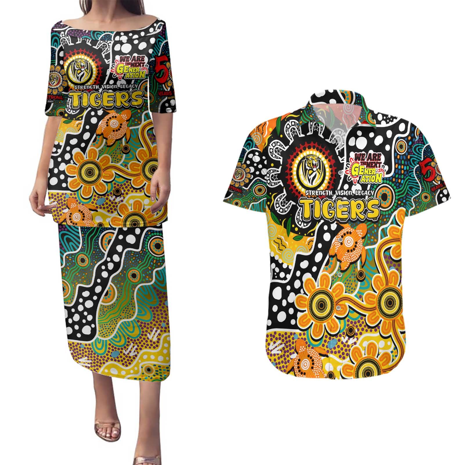 Personalised Tigers AFL Celebrating 50 Years of Naidoc Couples Matching Puletasi and Hawaiian Shirt NAIDOC Week 2025 Aboriginal