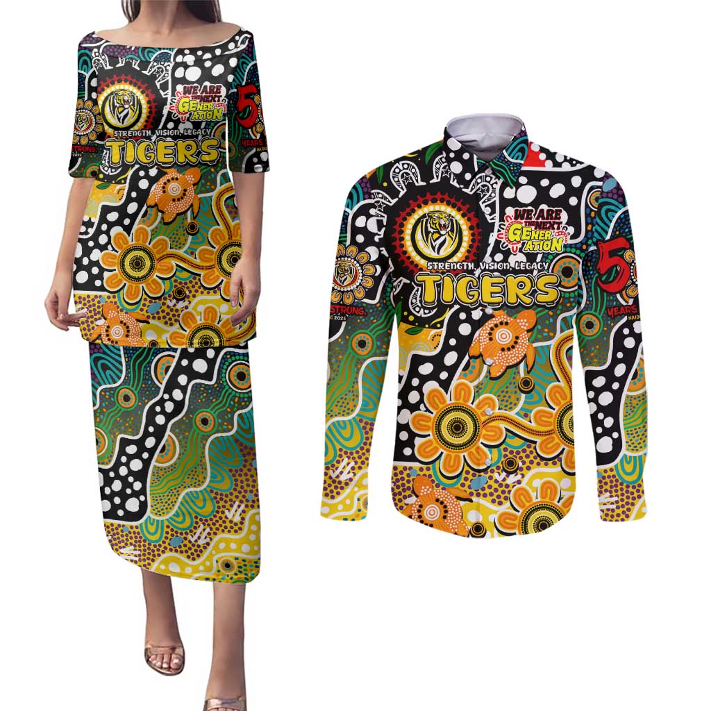 Personalised Tigers AFL Celebrating 50 Years of Naidoc Couples Matching Puletasi and Long Sleeve Button Shirt NAIDOC Week 2025 Aboriginal