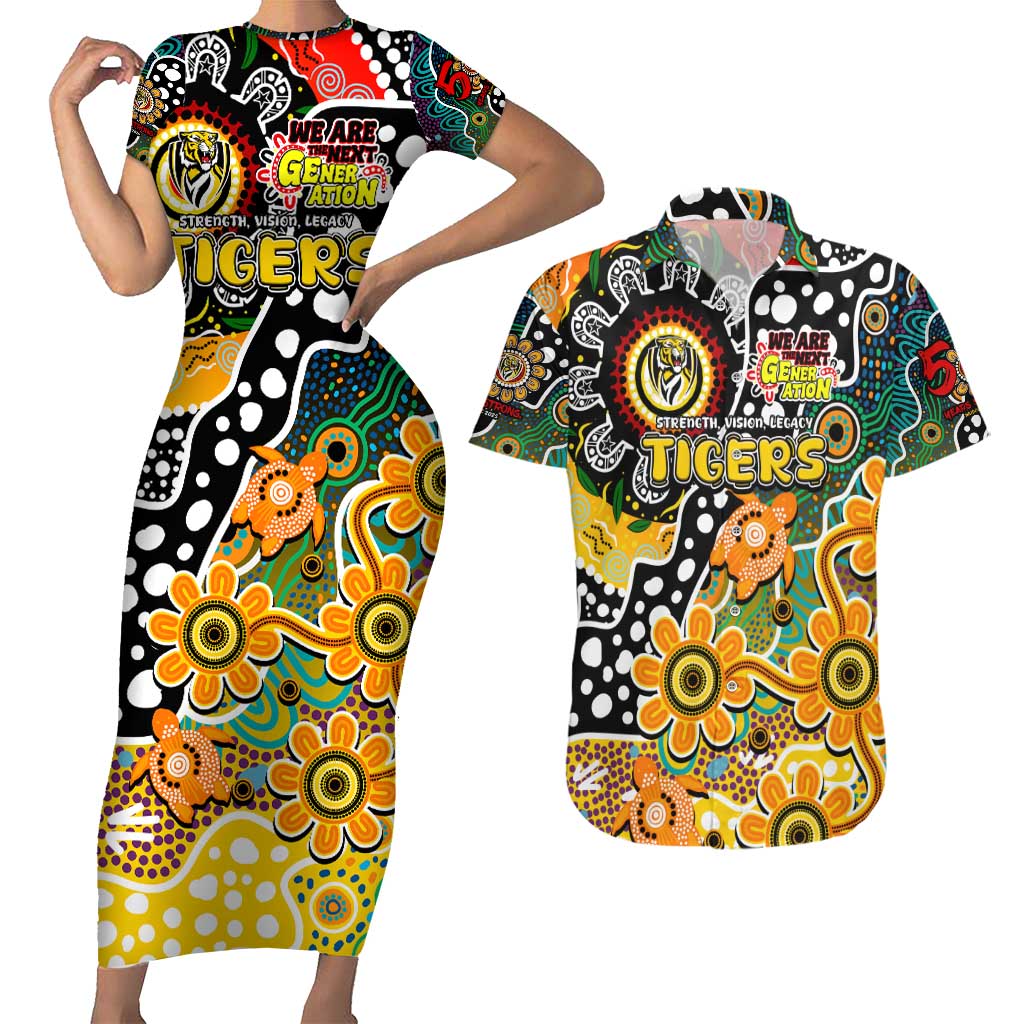 Personalised Tigers AFL Celebrating 50 Years of Naidoc Couples Matching Short Sleeve Bodycon Dress and Hawaiian Shirt NAIDOC Week 2025 Aboriginal