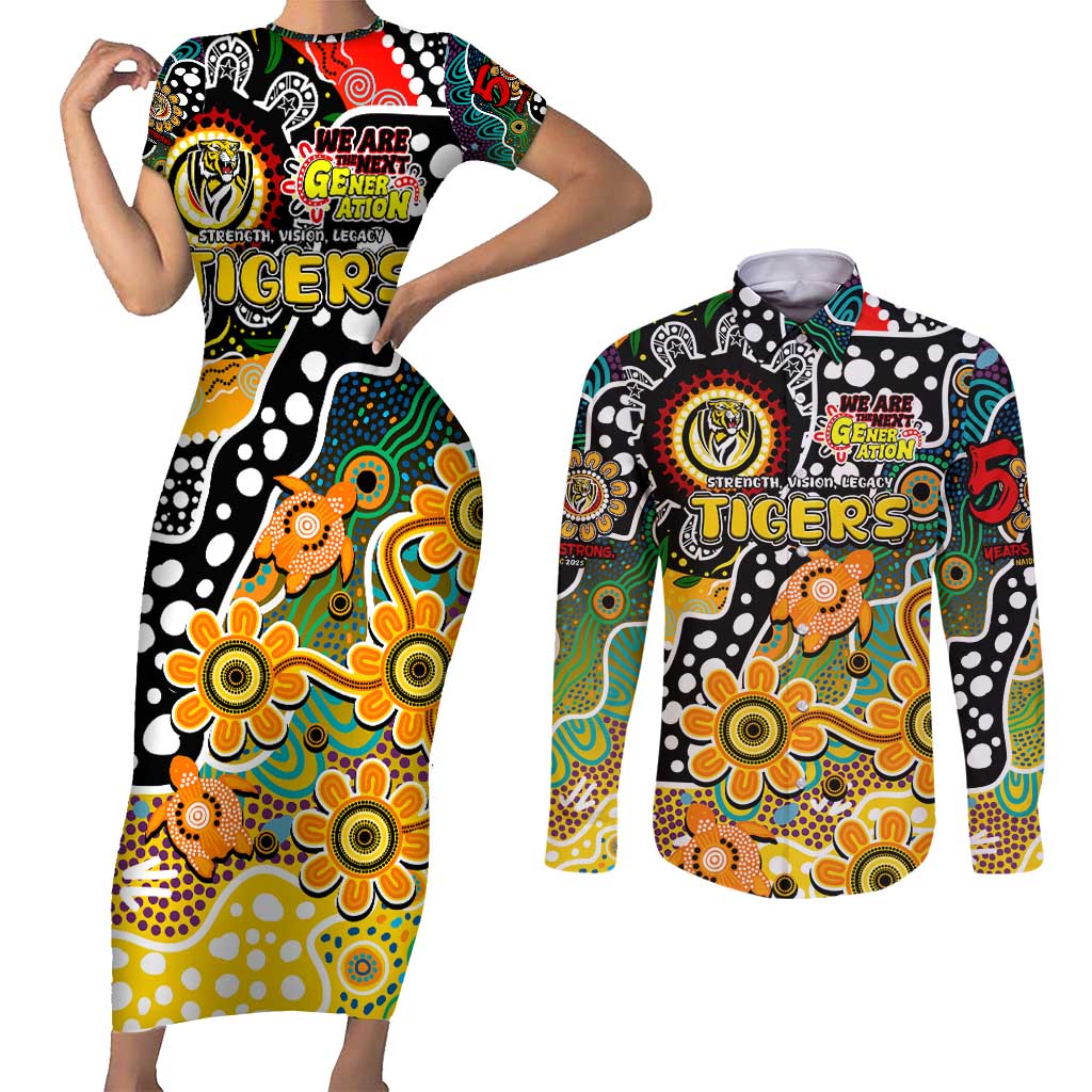 Personalised Tigers AFL Celebrating 50 Years of Naidoc Couples Matching Short Sleeve Bodycon Dress and Long Sleeve Button Shirt NAIDOC Week 2025 Aboriginal