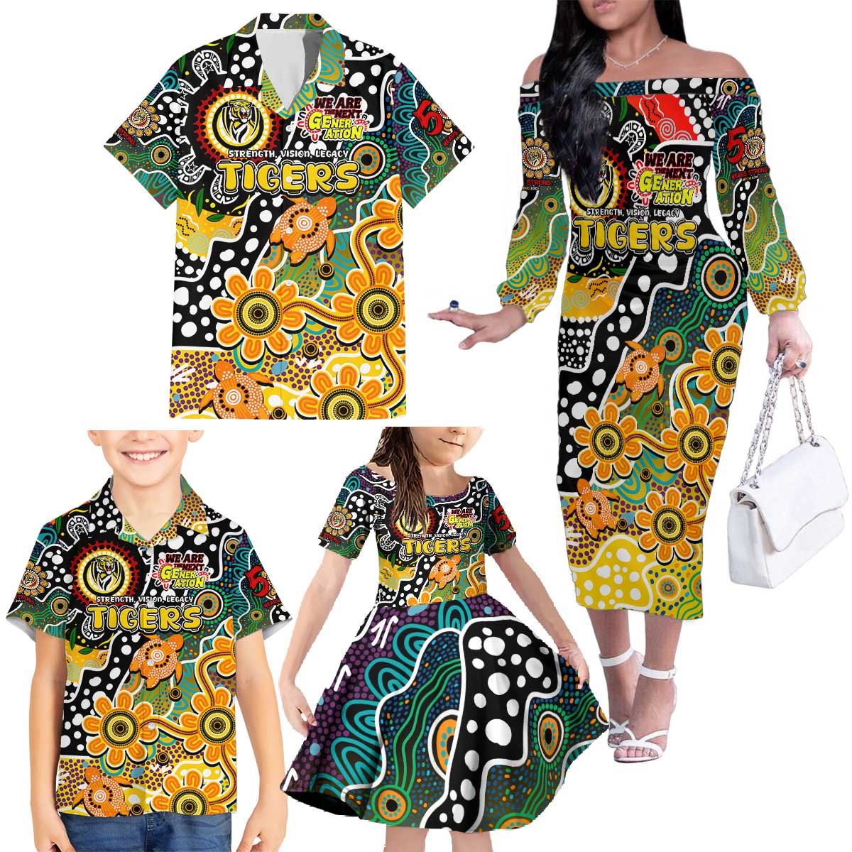 Personalised Tigers AFL Celebrating 50 Years of Naidoc Family Matching Off The Shoulder Long Sleeve Dress and Hawaiian Shirt NAIDOC Week 2025 Aboriginal