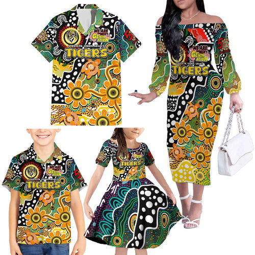 Personalised Tigers AFL Celebrating 50 Years of Naidoc Family Matching Off The Shoulder Long Sleeve Dress and Hawaiian Shirt NAIDOC Week 2025 Aboriginal