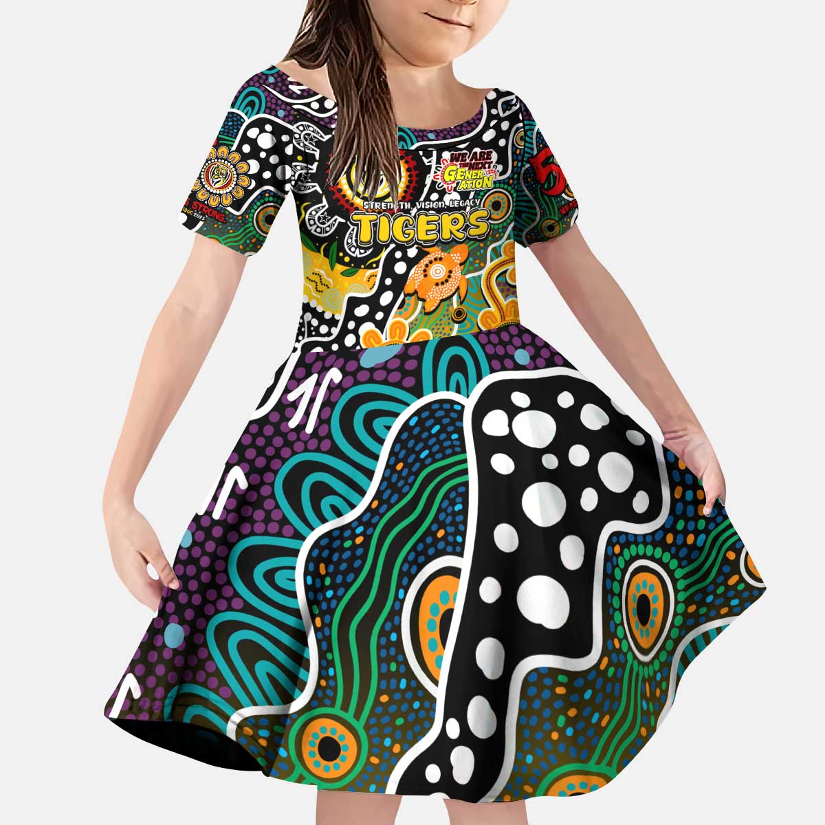 Personalised Tigers AFL Celebrating 50 Years of Naidoc Kid Short Sleeve Dress NAIDOC Week 2025 Aboriginal