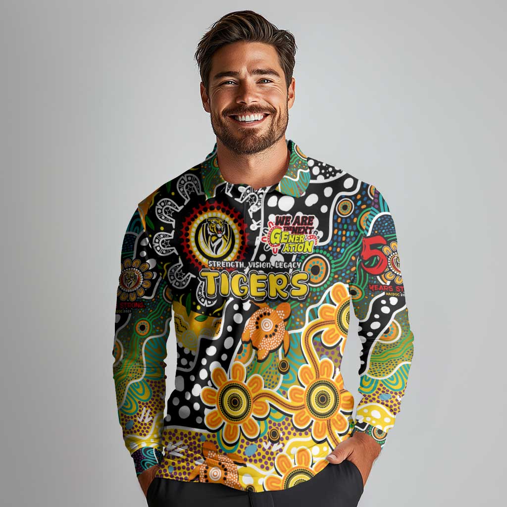 Personalised Tigers AFL Celebrating 50 Years of Naidoc Long Sleeve Polo Shirt NAIDOC Week 2025 Aboriginal
