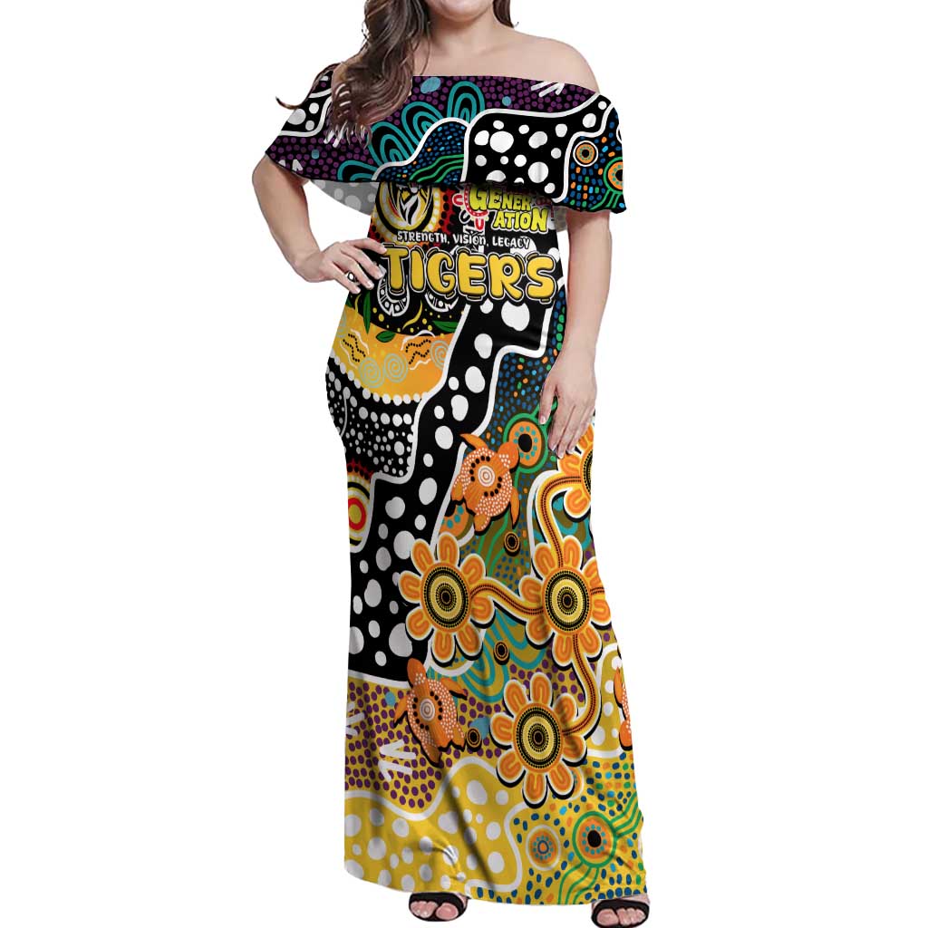 Personalised Tigers AFL Celebrating 50 Years of Naidoc Off Shoulder Maxi Dress NAIDOC Week 2025 Aboriginal