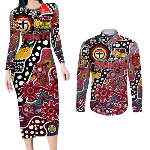 Personalised Saints AFL Celebrating 50 Years of Naidoc Couples Matching Long Sleeve Bodycon Dress and Long Sleeve Button Shirt NAIDOC Week 2025 Aboriginal