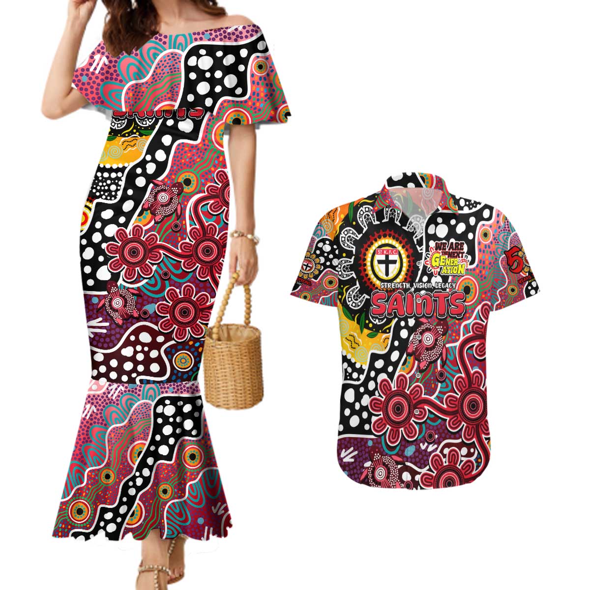 Personalised Saints AFL Celebrating 50 Years of Naidoc Couples Matching Mermaid Dress and Hawaiian Shirt NAIDOC Week 2025 Aboriginal