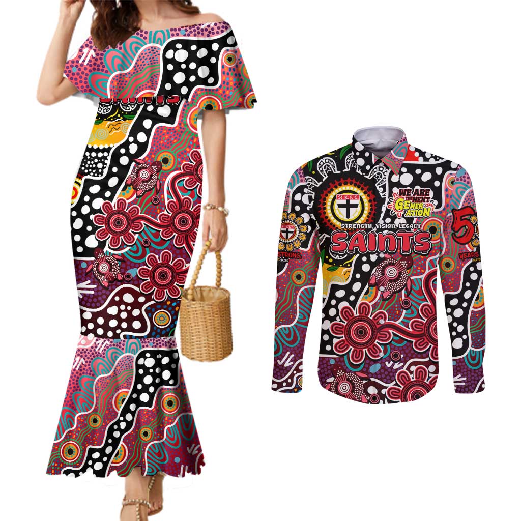 Personalised Saints AFL Celebrating 50 Years of Naidoc Couples Matching Mermaid Dress and Long Sleeve Button Shirt NAIDOC Week 2025 Aboriginal