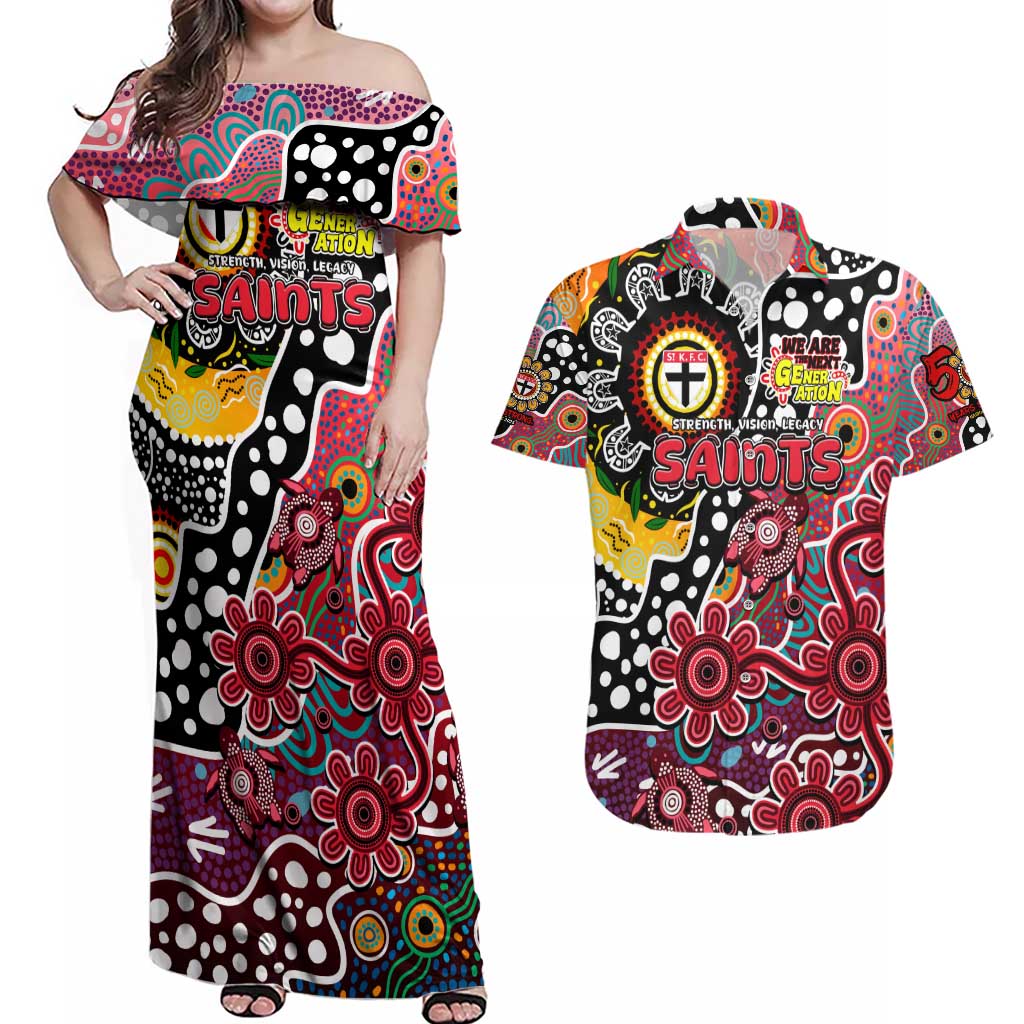 Personalised Saints AFL Celebrating 50 Years of Naidoc Couples Matching Off Shoulder Maxi Dress and Hawaiian Shirt NAIDOC Week 2025 Aboriginal