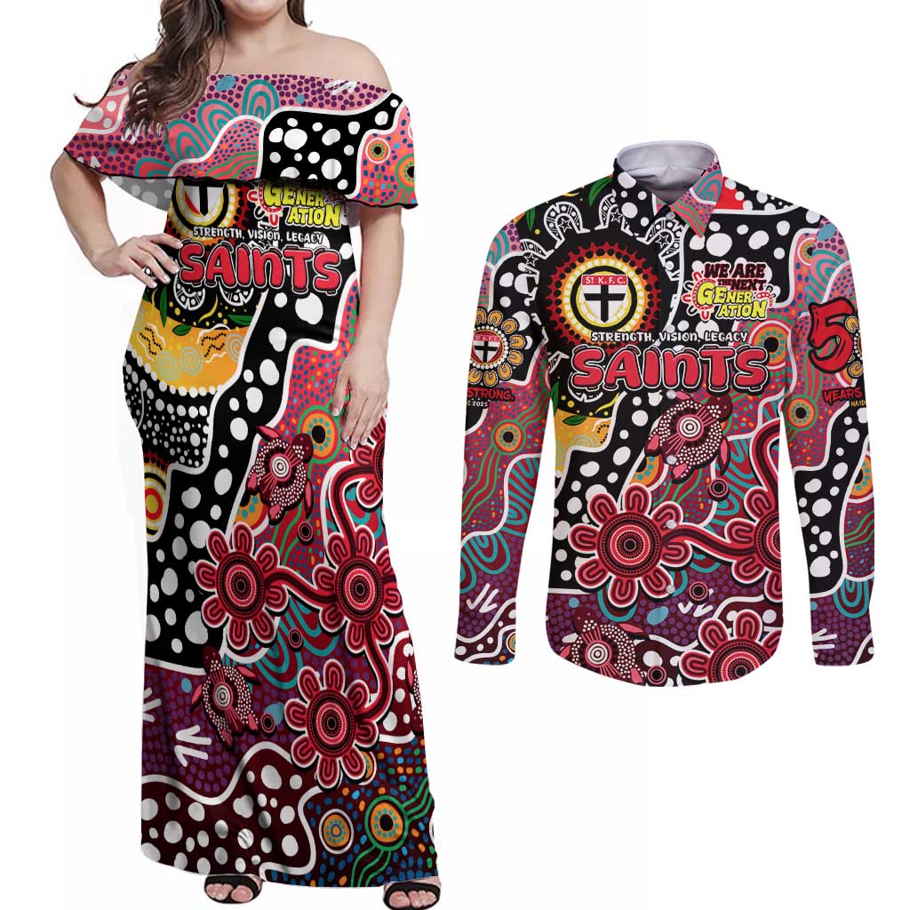 Personalised Saints AFL Celebrating 50 Years of Naidoc Couples Matching Off Shoulder Maxi Dress and Long Sleeve Button Shirt NAIDOC Week 2025 Aboriginal