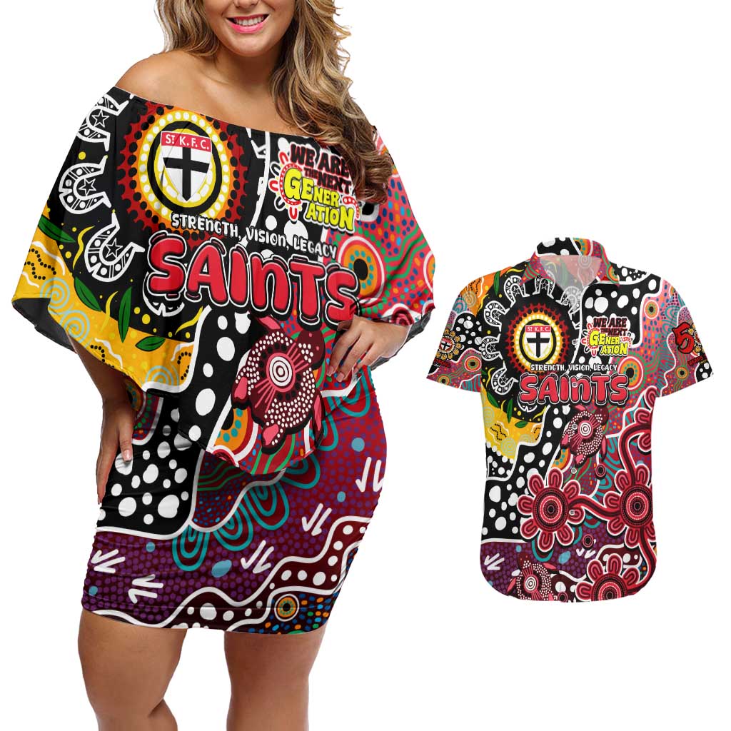 Personalised Saints AFL Celebrating 50 Years of Naidoc Couples Matching Off Shoulder Short Dress and Hawaiian Shirt NAIDOC Week 2025 Aboriginal