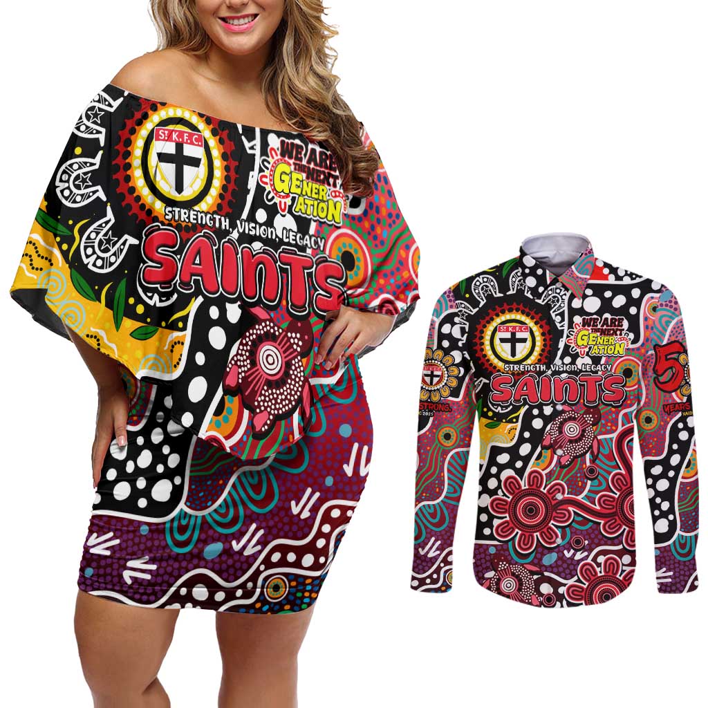 Personalised Saints AFL Celebrating 50 Years of Naidoc Couples Matching Off Shoulder Short Dress and Long Sleeve Button Shirt NAIDOC Week 2025 Aboriginal