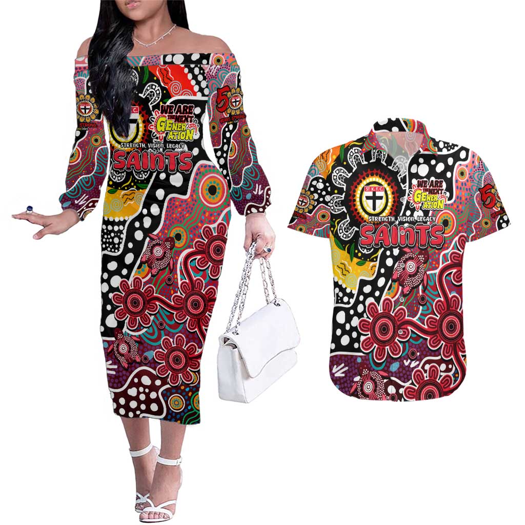 Personalised Saints AFL Celebrating 50 Years of Naidoc Couples Matching Off The Shoulder Long Sleeve Dress and Hawaiian Shirt NAIDOC Week 2025 Aboriginal