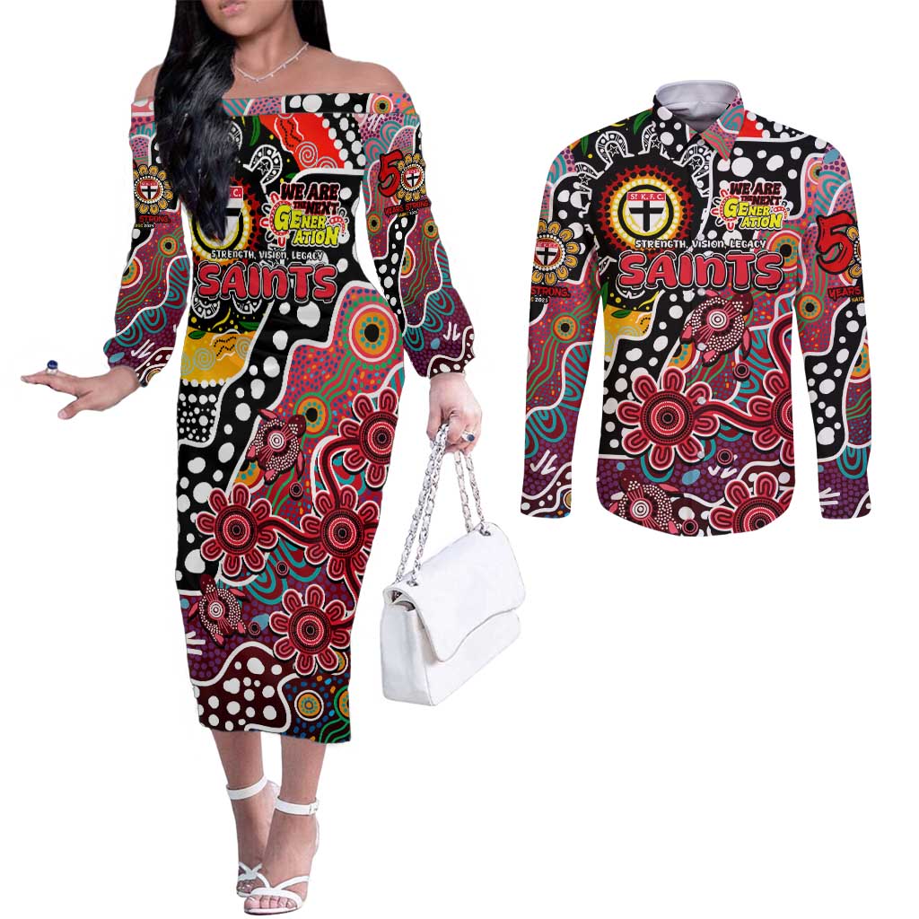 Personalised Saints AFL Celebrating 50 Years of Naidoc Couples Matching Off The Shoulder Long Sleeve Dress and Long Sleeve Button Shirt NAIDOC Week 2025 Aboriginal